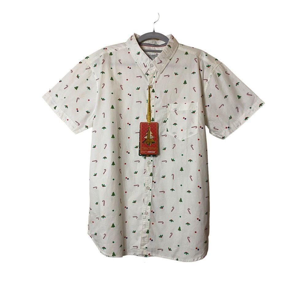 Eigth Avenue Button Front Shirt Men's Christmas Tree‎ Candy Cane White Sz M